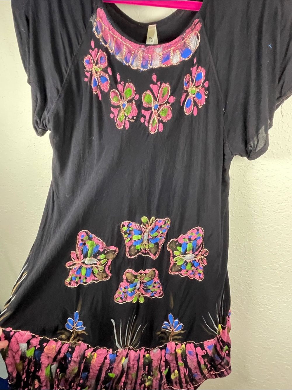 etc. Boho Tunic Dress One Size Black Embroidered Butterfly Tie Dye Peasant Maxi
